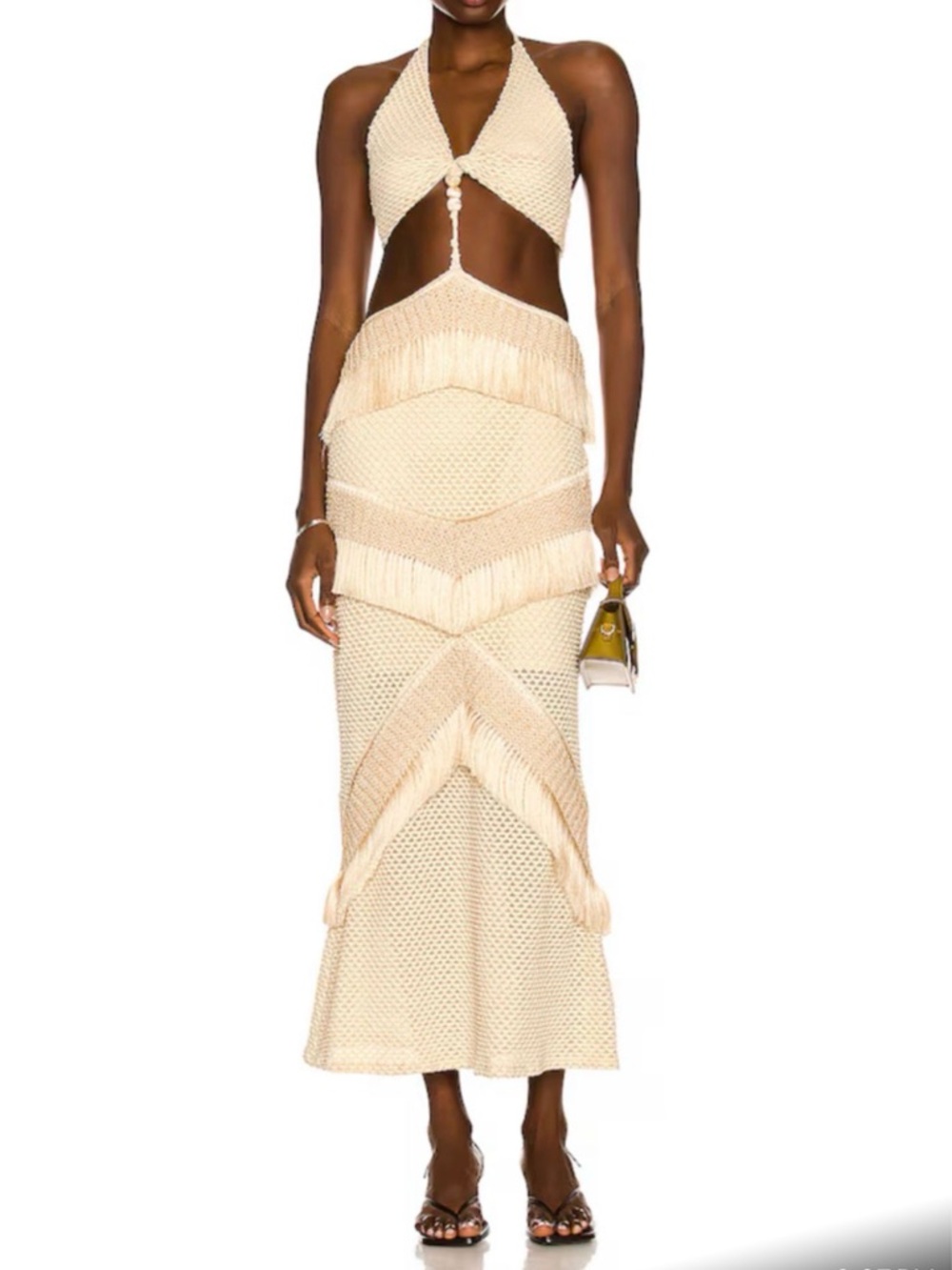 PatBO Cream Crochet Halter Maxi Dress with Fringe